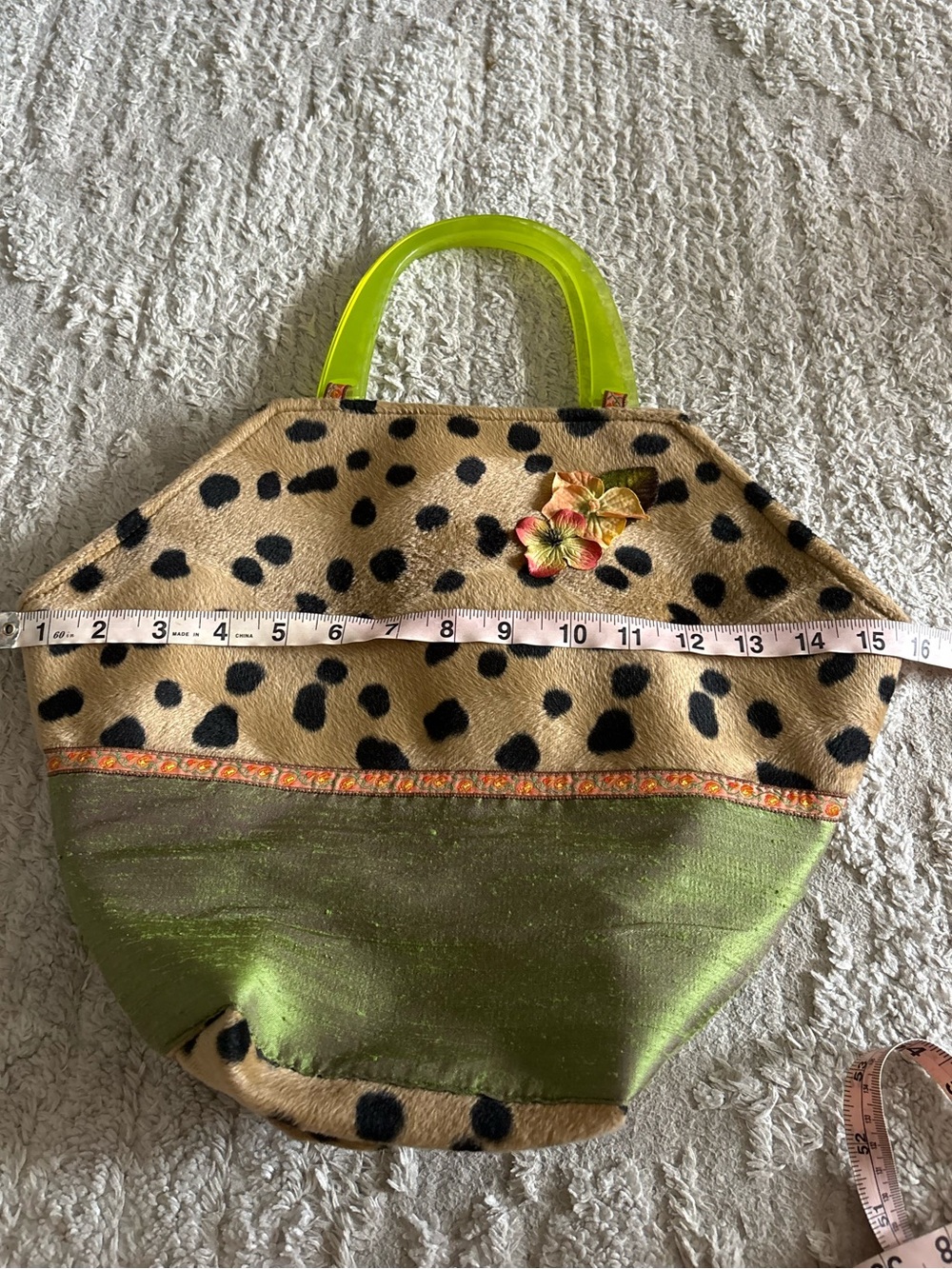 VTG Atenti Cheetah Leopard Print Bag Neon Lime Green Lucite Handle Y2K USA - Picture 5 of 6
